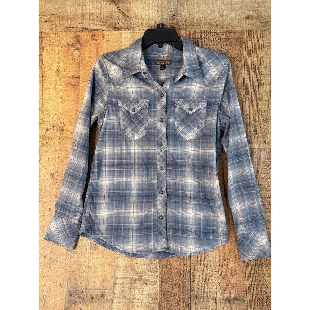 Patagonia Womens S Hemp Plaid Western Snap Shirt Blue Cowgirl Workwear Flannel